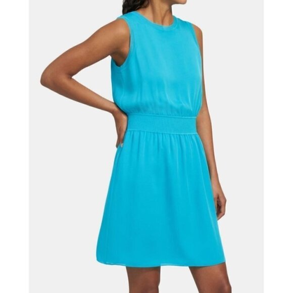 Theory Rib-Trim Dress Fiji Blue Silk Combo Women's Size L NWT w/Defect MSRP$395 - Picture 1 of 12